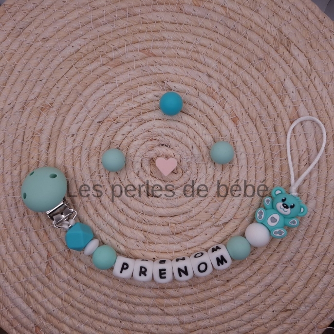 Attache-tétine Ourson Vert d'eau